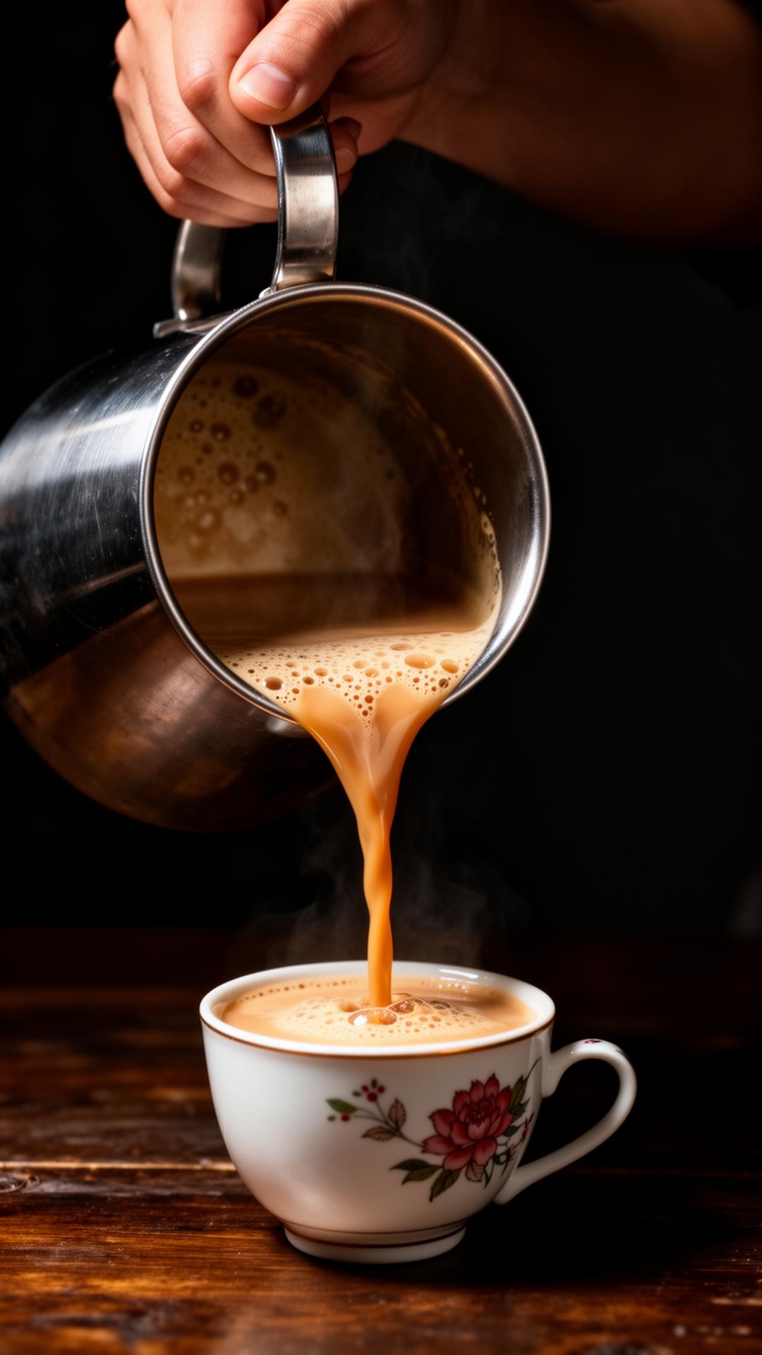 師傅將熱奶茶從鋼壺倒入瓷杯，茶香四溢